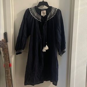 FIGUE large charlie midnight navy cotton embroidered hook/eye clos tassel dress